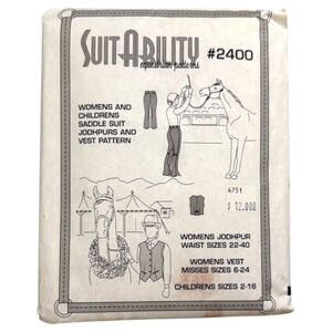 SuitAbility Pattern #2400 Womens & Children Saddle Suit Jodhpur & Vest NOS UNCUT